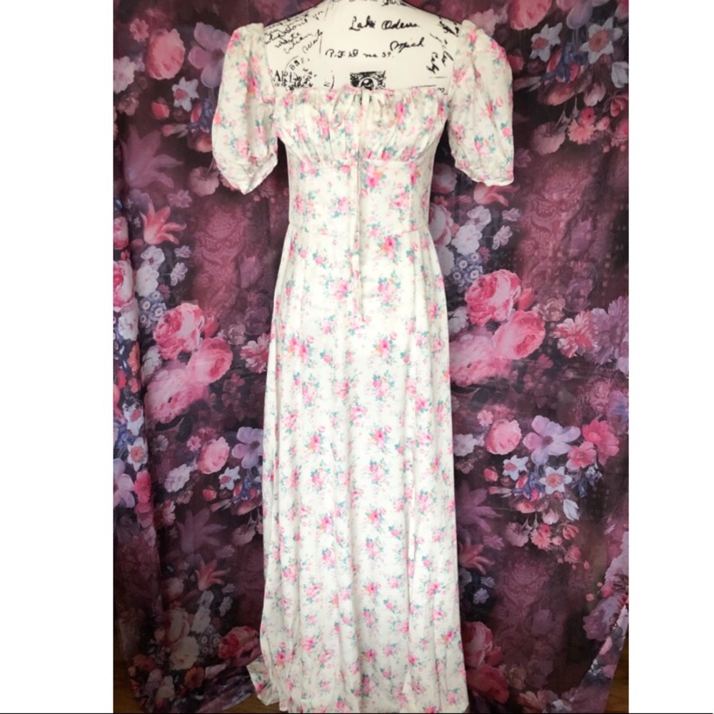 Floral dress puff sleeve summer flower slit long maxi cream gold women’s ruched - Picture 13 of 13